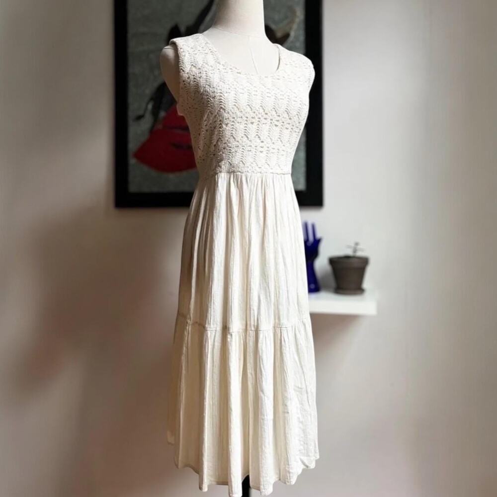 Vintage 60s Crochet Gauze Midi Dress | Ivory Cotton Lace Cottagecore Boho | M/L
